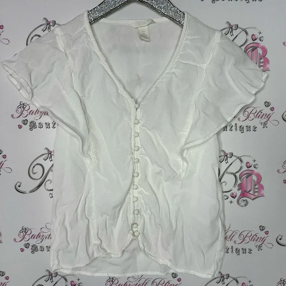 H&M blouse white cream button down style linen type shirt top cute cottagecore - Picture 1 of 7
